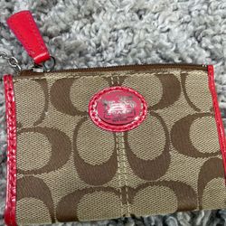 Coach Brown Tan Pink CC ID Holder Key Chain Keychain Jacquard Fabric