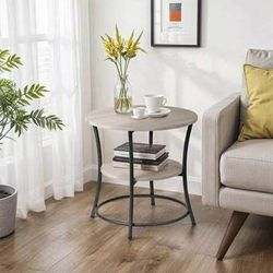New Round Coffee Table End Table with 2 Storage Shelves Gray