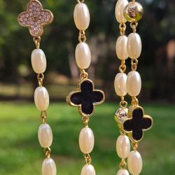 Long Layer Gold Rimmed Black & Swarovski Crystal Clover& Pearl Necklace Accented In Gold