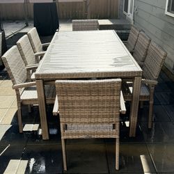 Sorrento 9-Piece Resin Wicker Outdoor Patio Furniture Dining Table Set in Gray w/Dining Table and Eight Cushioned Chairs (Flat-Weave Gray Wicker)