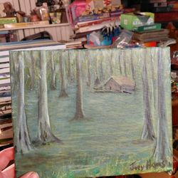 Tranquil Woodland Cabin Canvas Art 10 X 8" Oil Painting- Hand Painted