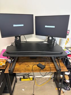 Adjustable desk converter with 2 computer monitors