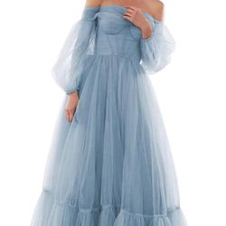 Long Blue Cinderella Tulle Prom Ballgown Dress