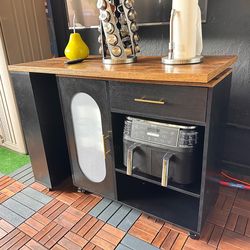 Kitchen Island with Storage & Power Outlet, Rolling Kitchen Island Cart with 360° Swivel Table & Seating, Mobile Wood Kitchen Island Table with Cabine