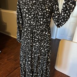 black dress with white flowers, long with long sleeves