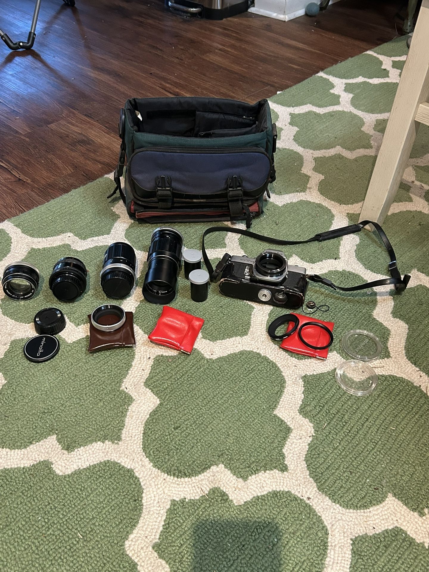 Minolta SRT 101 ROKKOR F=200 F=135 F=55 Mini Wide F=28 Camera, Lense 19 Pc Lot