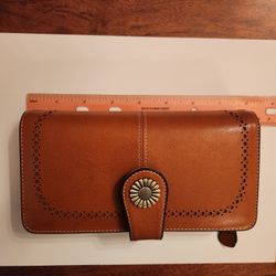 Brown Genuine Leather Wallet with Sunflower Accent