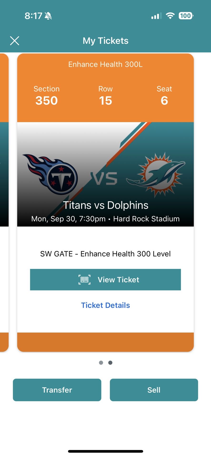 MNF Dolphins Vs Titans 2 Tickets 