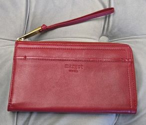 Margot NY Gabby Red Leather Wallet Wristlet Strap Zip Around Clutch Pockets 