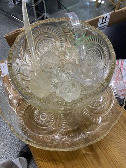 Vintage Clear Pressed Glass Punch Bowl Set with Base & Cups