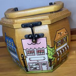 Vintage Wooden Box Purse, Painted Victorian Village, Mid Century Top Handle Purse, Wood Box Purse, Sewing Box, Village Houses Stores Town 