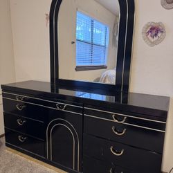 Complete Retro Black & Brass Bedroom Set (Dresser, Armoire, Nightstand, Headboard)