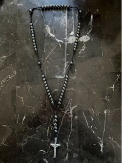 Black Hematite Rosary – Real Heavy Beads, Detailed Crucifix, Excellent Condition