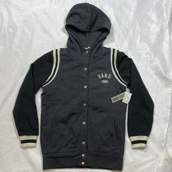 Vans Off Wall Varsity Jacket Sweater Black White Men Size Small Hooded Snap Up
