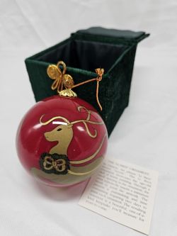 2000 Li Bien Hand Painted Gold Reindeer Red Blown Glass Ball Christmas Ornament