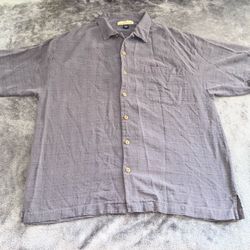 Tommy Bahama 100% Silk Shirt L Men Gray Textured Short Sleeve Camp Button Up