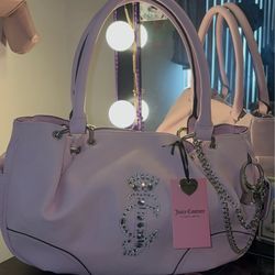 Juicy Couture Juicy Crown Satchel Purse Bag Chiffon Pink with Ring Charm