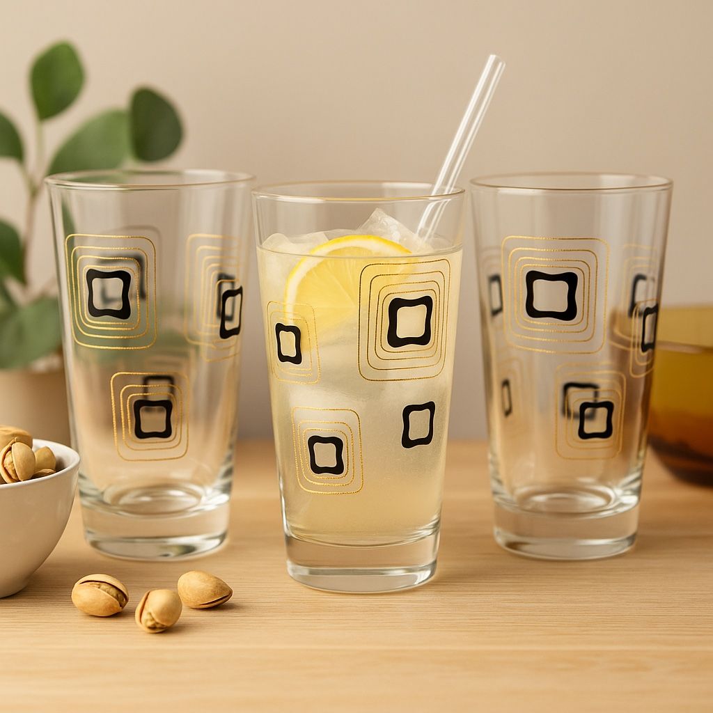 Vintage 1960s 3 MCM Highball Atomic Mod Glasses Gold Black Geometric, 3x5.5”