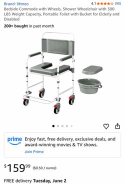 Bedside Commode with Wheels, Shower Wheelchair with 300 LBS Weight Capacity, Portable Toilet with Bucket for Elderly and Disabled   In like new condit