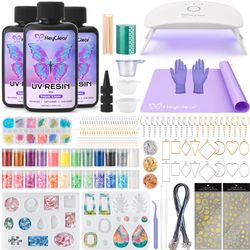 HeyClear UV Resin Molds Jewelry Making Kit with Light -300g Super Clear, Hard, Low Odor, Premixed and Fast Curing for Keychains, Earrings, DIY Craft D