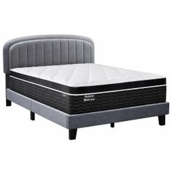 Gray Upholstered Bed Frame with Hybrid Mattress