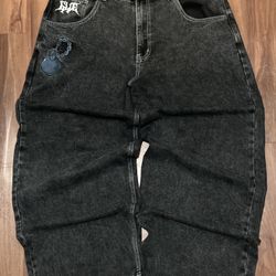 Dark Grey GLOE Baggy Jeans XL – Embroidered Cartoon Graphic, Graffiti Logo, Y2K JNCO-Style Wide Leg