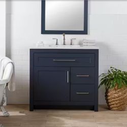 Home Decorators Collection Clady 37 in. Single Sink Deep Blue Bath Vanity with Silver Ash Cultured Marble Top (Assembled