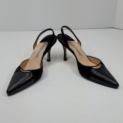 MANOLO BLAHNIK-BLACK LEATHER SLINGBACK PUMPS-SIZE-37