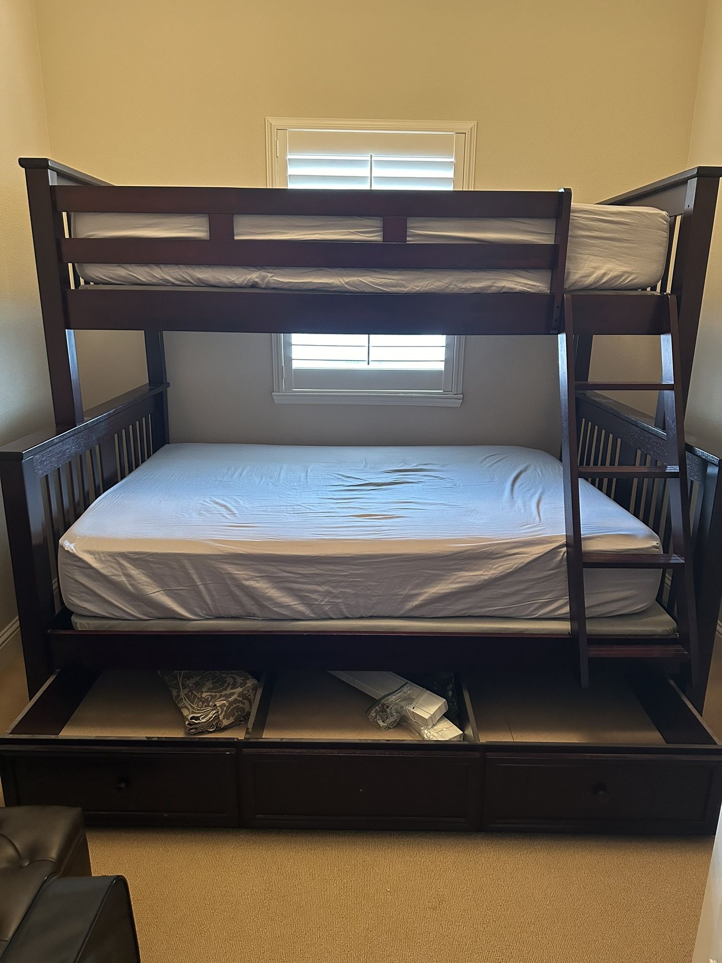 Espresso Twin Over Full Solid Wood Bunk Bed with Trundle and Staircase
