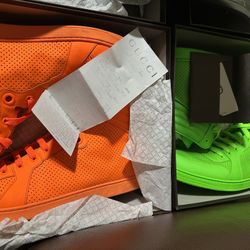 (2) Neon Gucci high top Coda Sneakers US size 15 New in Box 100% Authentic 2013