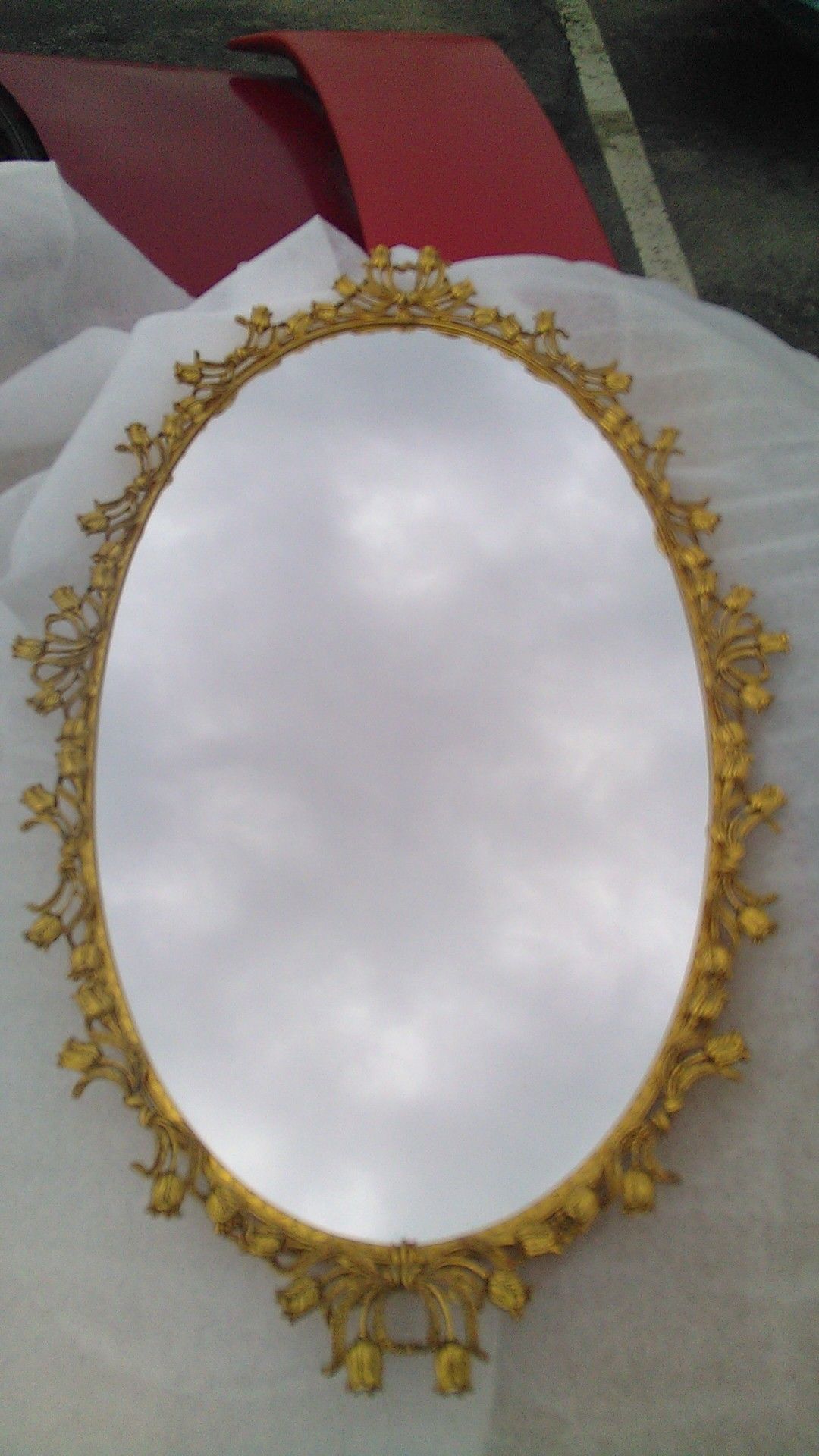 Vintage 1950s Large Ornate Vanity Mirror Dresser Tray Filagree Oval 21" x 13"