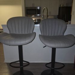 Set of 2 Gray Polyester Swivel Adjustable Barstools with Backrest