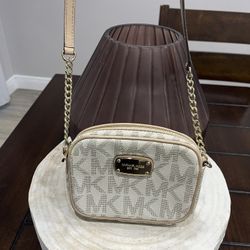 Michael Kors MK Signature Monogram Small Dome Crossbody Bag Purse Gold Chain