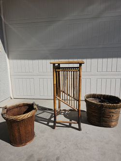 Vintage Plant Stand Bamboo & Wicker Baskets