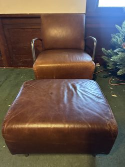 Vintage Mid Century Modern Leather Arm Chair With Ottoman 