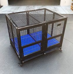 $190 (New) Folding heavy duty dog cage 41x31x34” double-door stackable kennel w/ divider, plastic tray