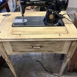 Antique Singer Sewing Machine Mounted In Storage Cabinet 