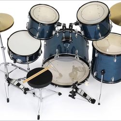 Blue Acoustic Drum Kit Set w/ Cymbals Pedals & Seat Starter Drum Set