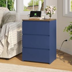Homfa 3-Drawer Nightstand with Charging Station(Set of 2) – Blue