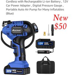 New Avid Power Tire Inflator, Air Compressor , 20V Cordless with Rechargeable Li-ion Battery , 12V Car Power Adapter , Digital Pressure Gauge , $50