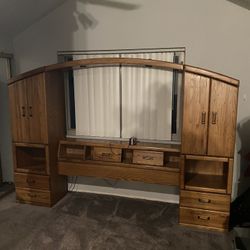 Solid Oak Wood Wall Headboard & Dresser 