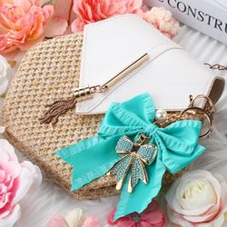 blue bow keychain with rhinestone