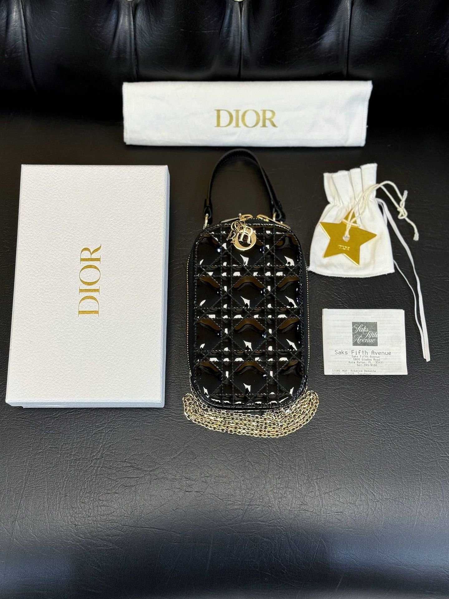 Lady Dior Call'in Dior Phone Holder Crossbody Black Patent Cannage Calfskin phone case mini bag full set