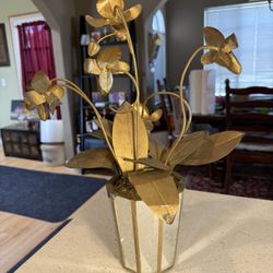 Vintage Gold Metal Orchid Sculpture – Mirrored Planter, Hollywood Regency Decor