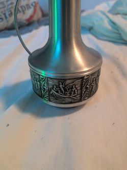 vintage pewter or pewter-finished wine jug/decanter with embossed Viking scenes made in Norway