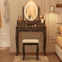 Vanity Desk with Mirror and Lights, Modern Vanity Makeup Table and Cushioned Stool Set
