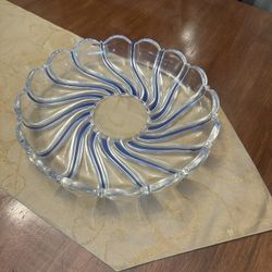 RARE Mikasa Clear w/Cobalt BLUE Swirls Crystal Plate 13" Round Platter Germany