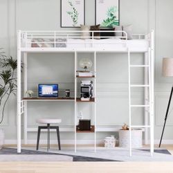 Twin Size Loft Bed with Built-in Desk and Shelves