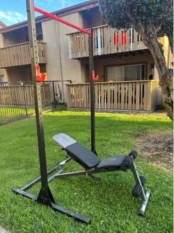 Cap squat rack with pull up bar, j hooks and adjustable weights bench $80 for all