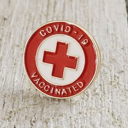 VACCINATED 3/4" Red and White on Gold Plus Sign Enamel Lapel Pin Brooch. New! 

Makes a great holiday Christmas gift or stocking stuffer. Ships via US